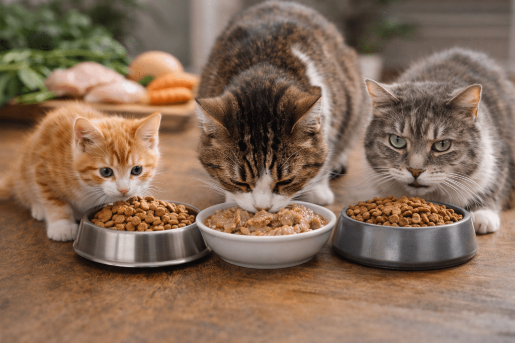 Three cats eating the healthiest cat foods from separate bowls, including a kitten, adult, and senior cat with fresh ingredients in the background