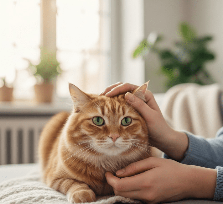 A ginger cat being petted by its owner, providing essential **cat care tips** for new pet parents in a home setting.
