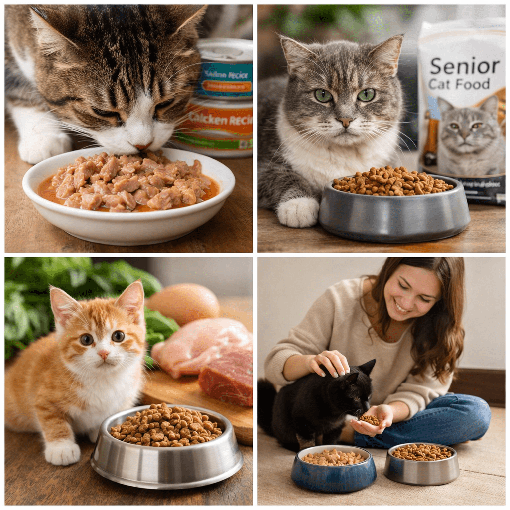 Four cats enjoying healthy cat food including wet, dry, and senior formulas for kittens, adult, and senior cats