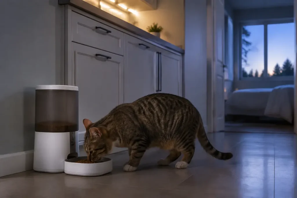 Cat eating a measured early-morning meal from an automatic feeder