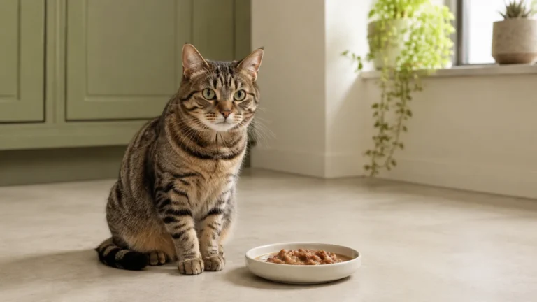 Tabby cat beside a bowl of wet food, illustrating cat only licks gravy feeding concerns.