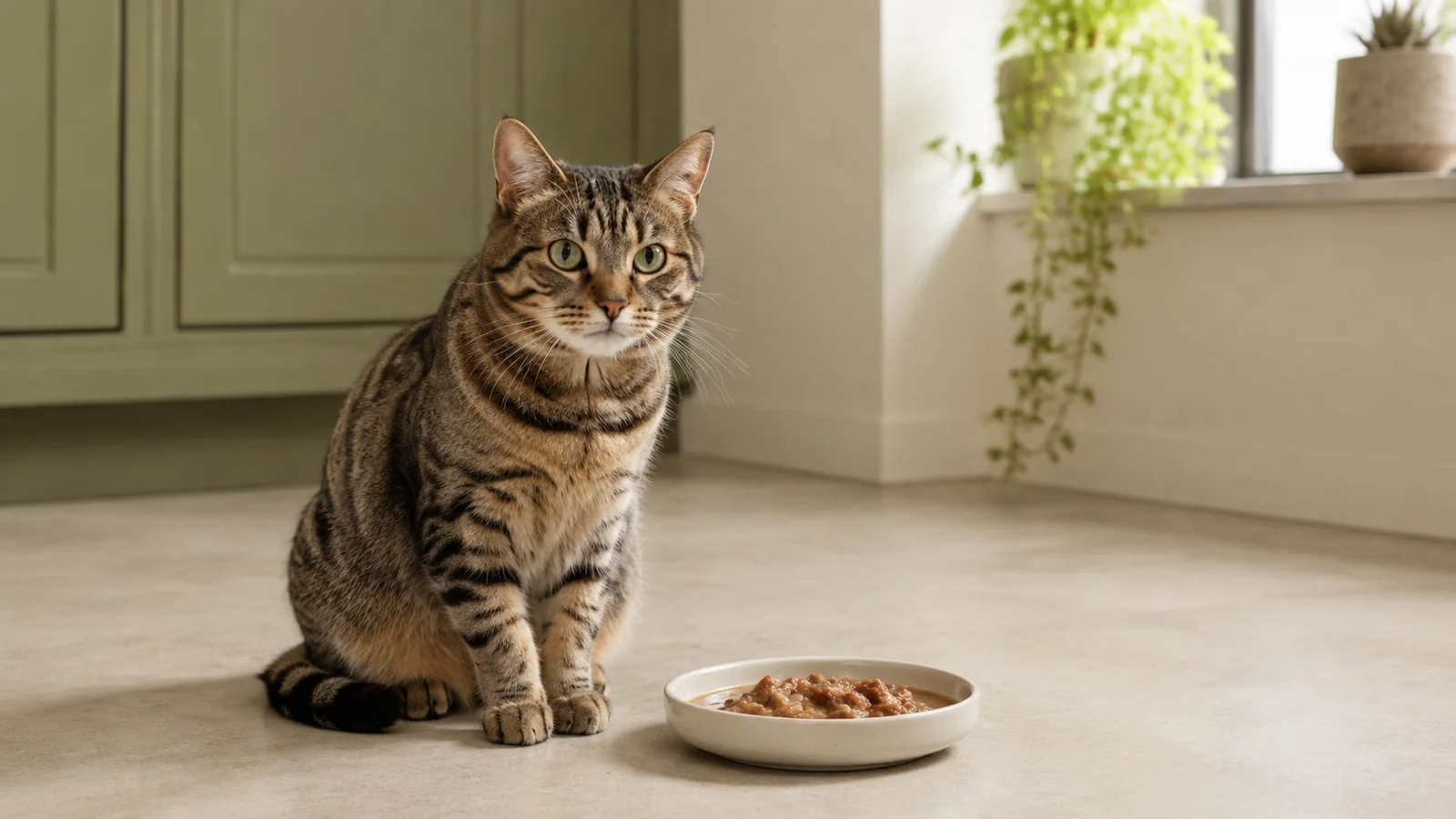 Tabby cat beside a bowl of wet food, illustrating cat only licks gravy feeding concerns.