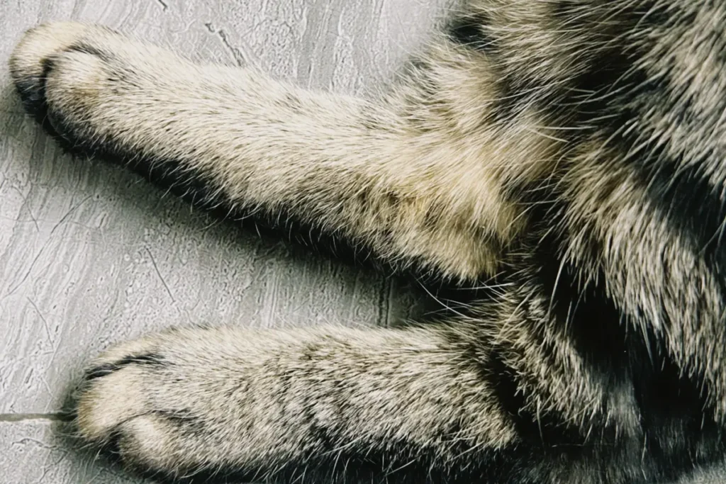 Close view of a tabby cat's front paws resting on a hard floor