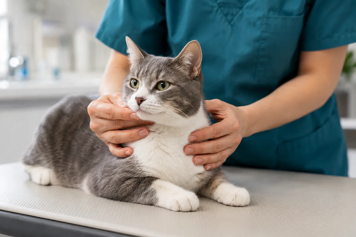 AI illustration of a veterinarian gently checking a gray-and-white cat during a routine visit.