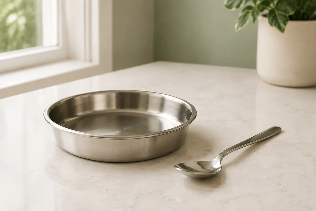 Clean shallow stainless-steel cat-food bowl and spoon on a kitchen counter.