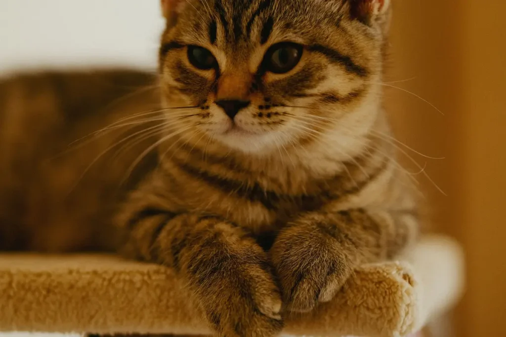 Alert tabby cat resting on an indoor cat tree