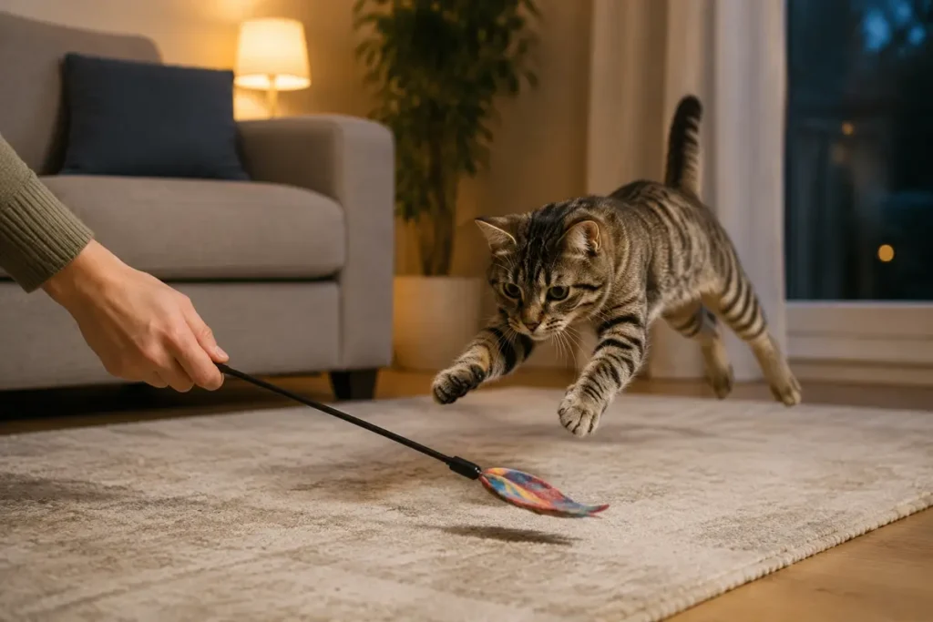 Tabby cat chasing a wand toy during an evening play session