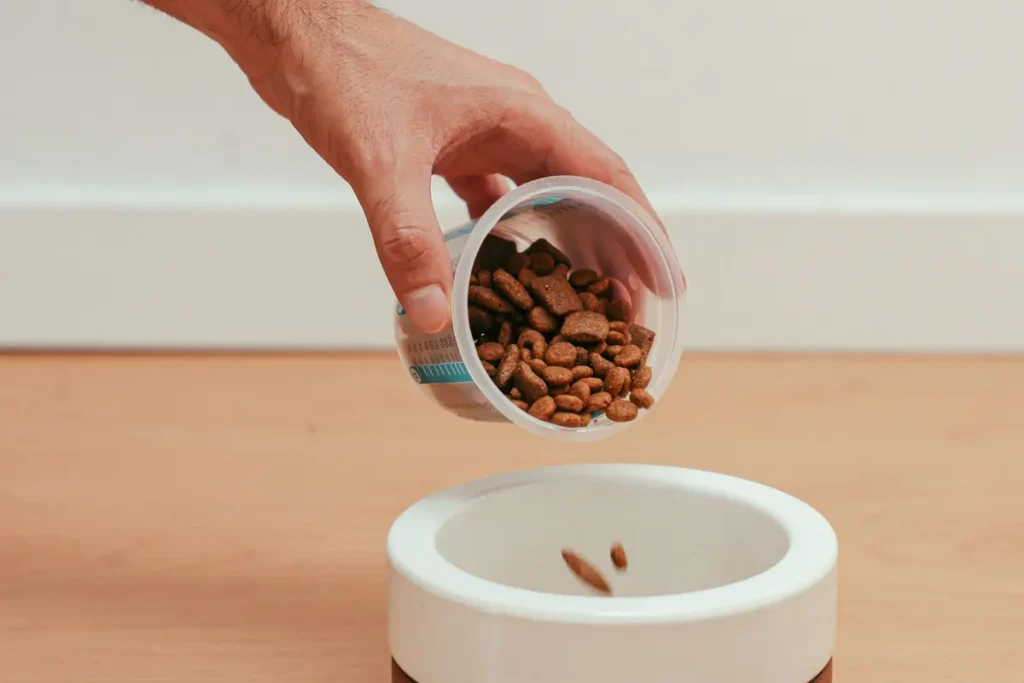 Hand pouring a measured portion of pet food into a white bowl