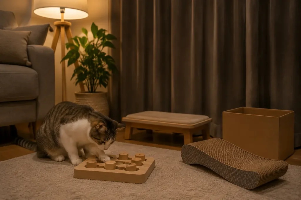 Quiet nighttime enrichment area with a cat perch, scratcher, and food puzzle