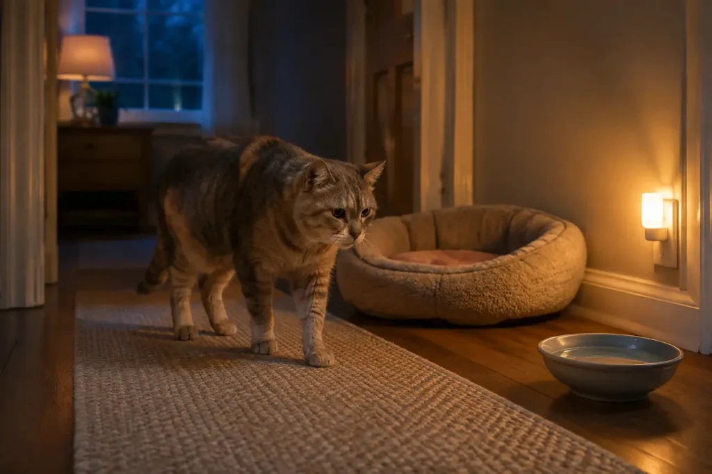 Senior cat walking along a softly lit path toward an accessible bed
