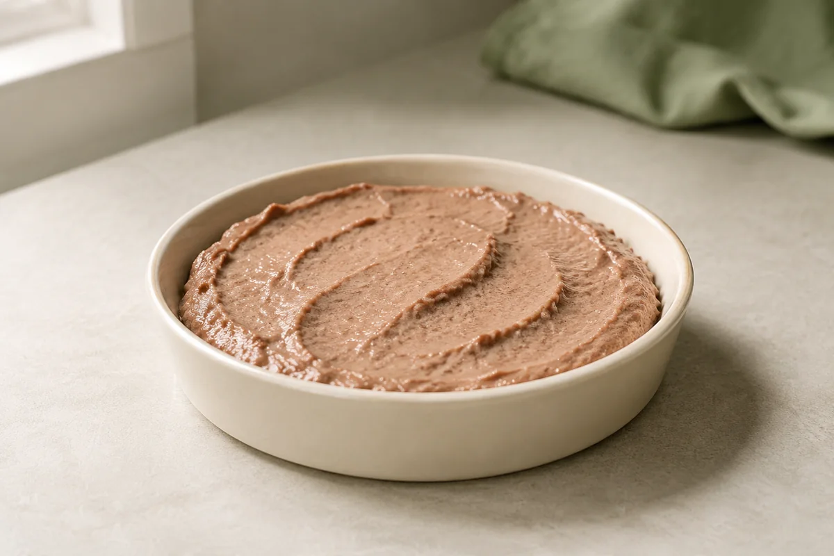 Smooth wet cat food pâté in a shallow ceramic dish.