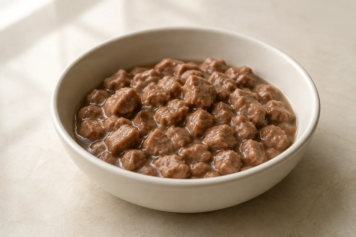 Chunks of wet cat food coated in gravy in a shallow ceramic bowl.